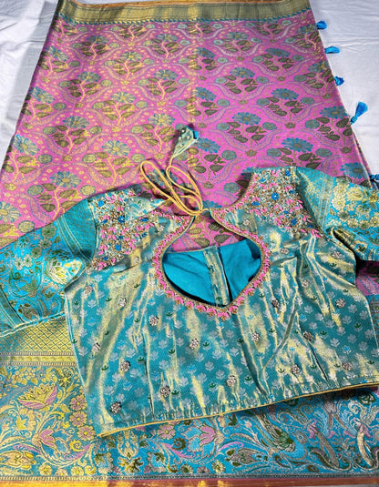 Meenakari Kanchipattu Semi Silk Saree | Floral Weaving Zari, Wedding Wear Ready to Wear | Maggam Work Blouse USA