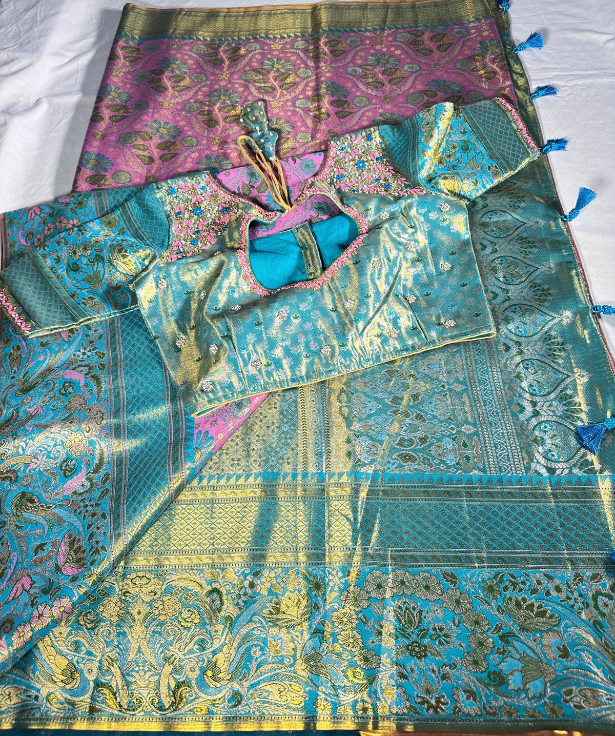 Meenakari Kanchipattu Semi Silk Saree | Floral Weaving Zari, Wedding Wear Ready to Wear | Maggam Work Blouse USA