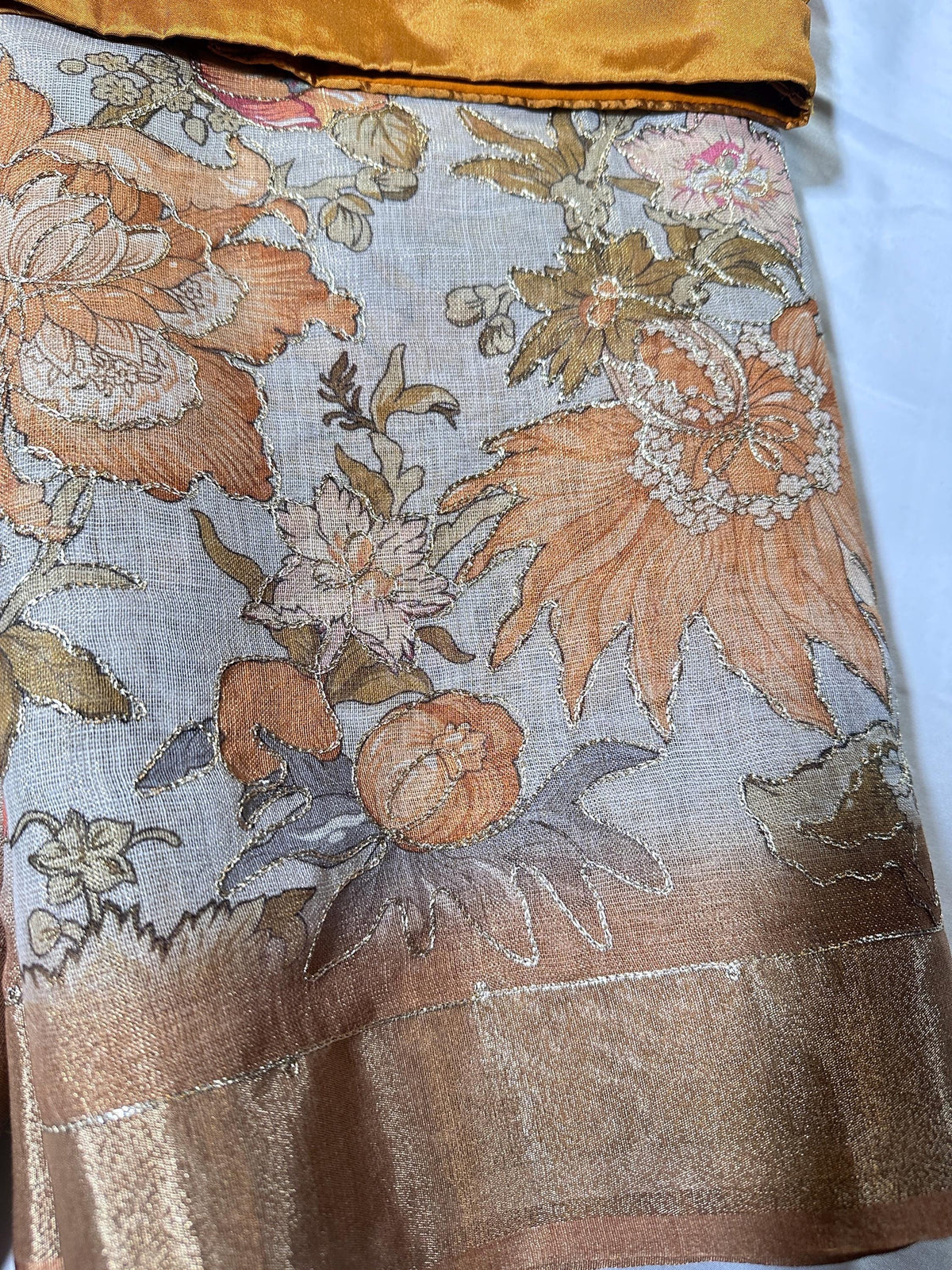 Handloom Pure Tissue Linen Silk Saree with Floral Design, Aari Work, Running Blouse & Stitched Blouse | Elegant Wedding Party Festive Saree