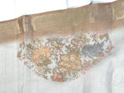 Handloom Pure Tissue Linen Silk Saree with Floral Design, Aari Work, Running Blouse & Stitched Blouse | Elegant Wedding Party Festive Saree