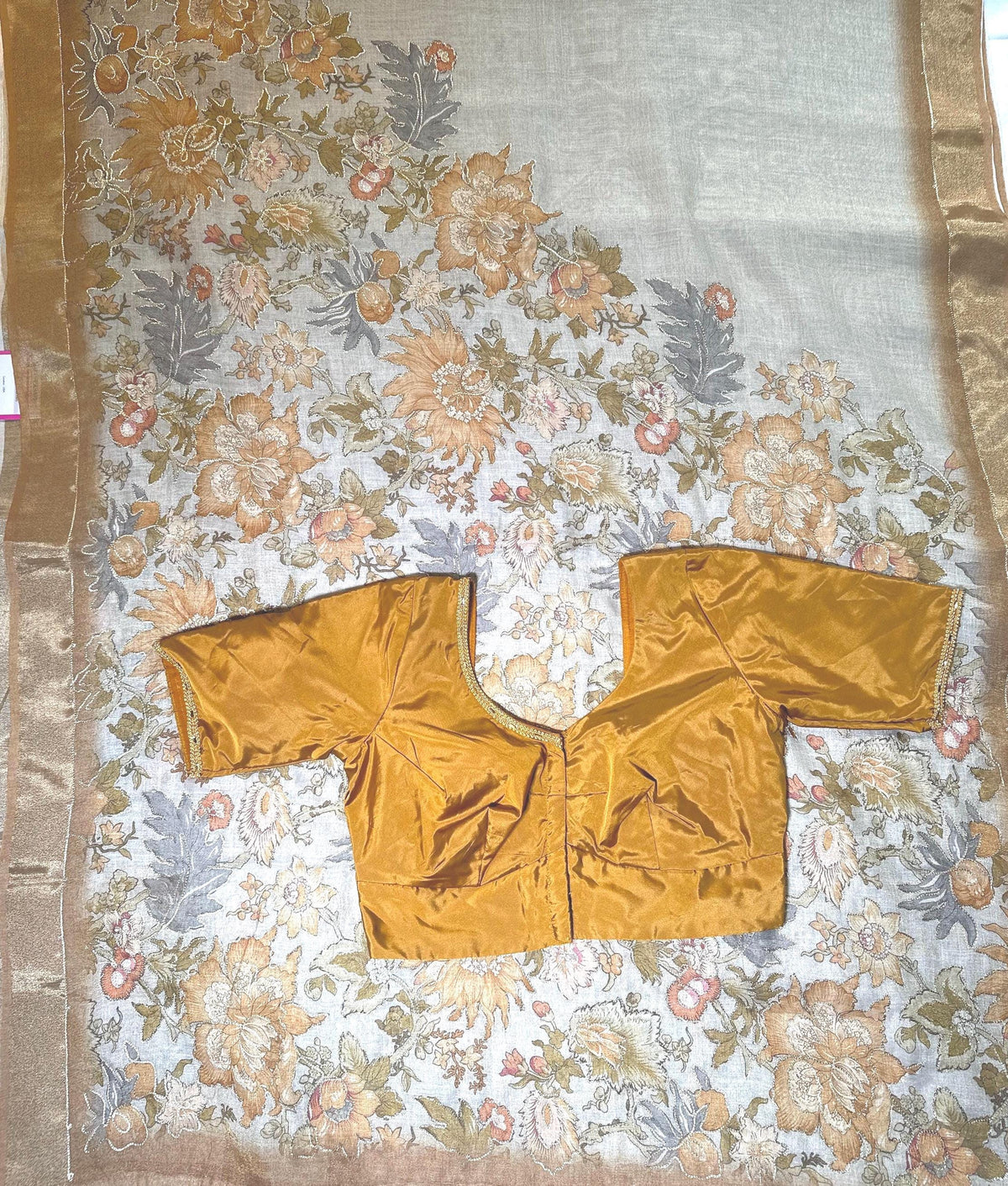 Handloom Pure Tissue Linen Silk Saree with Floral Design, Aari Work, Running Blouse & Stitched Blouse | Elegant Wedding Party Festive Saree