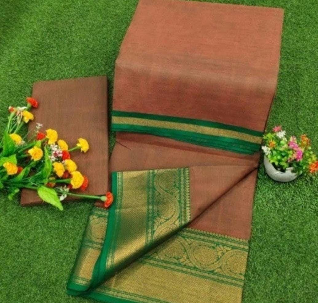 Handloom Chettinad Cotton Gift Saree with Kanchi Border, Running Blouse Plus Stitched Blouse | Shipping from USA