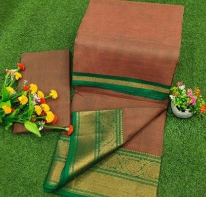 Handloom Chettinad Cotton Gift Saree with Kanchi Border, Running Blouse Plus Stitched Blouse | Shipping from USA