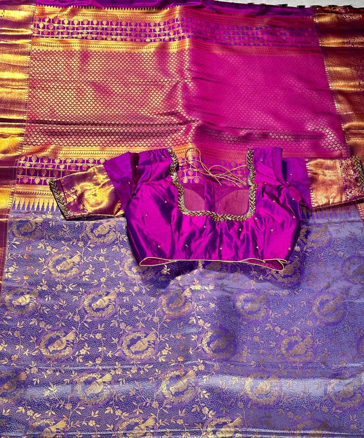 Kanjivaram Premium Silk Saree with stitched maggam work blouse. Partywear, Wedding Wear Saree, Shipping from USA