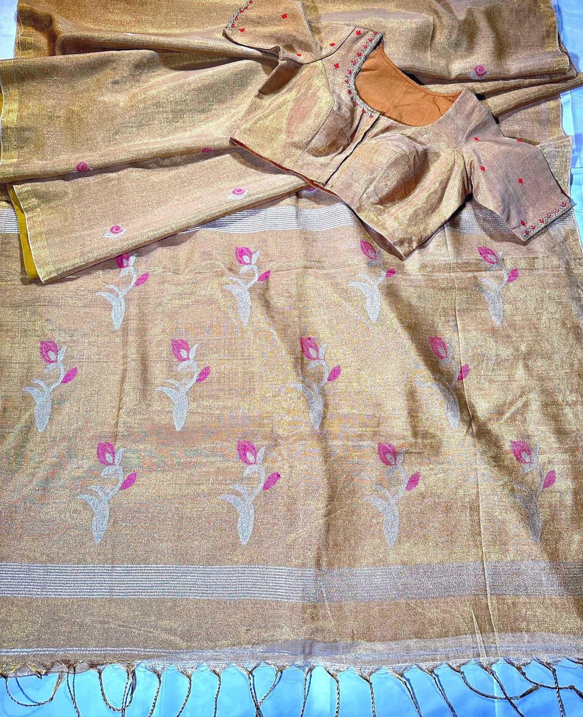 Handloom Pure Tissue Jamdani Silk Saree with Stitched Embroidery Blouse, Ready to Wear Saree Partywear