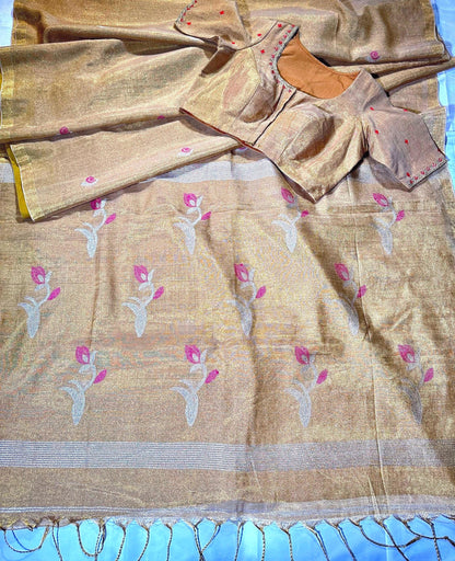 Handloom Pure Tissue Jamdani Silk Saree with Stitched Embroidery Blouse, Ready to Wear Saree Partywear