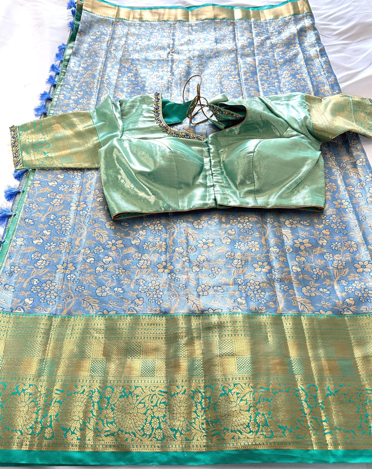 Kanjivaram Semi Silk Saree with Stitched Maggam Work Blouse Indian Wedding Saree | Ships From USA