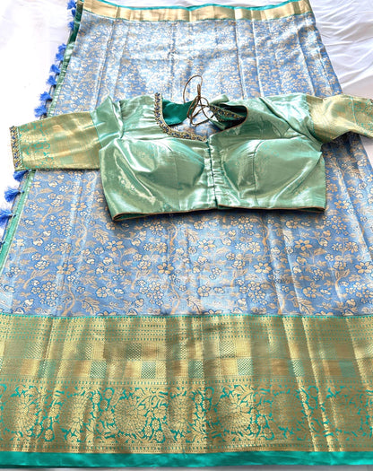 Kanjivaram Semi Silk Saree with Stitched Maggam Work Blouse Indian Wedding Saree | Ships From USA