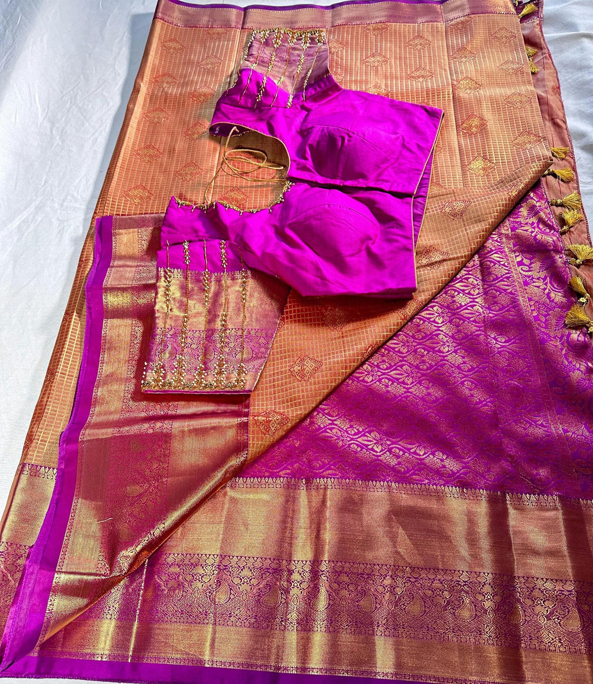 Kanjivaram Premium Semi Silk Saree with Stitched Maggam Work Blouse | Indian Wedding Saree | Ships From USA