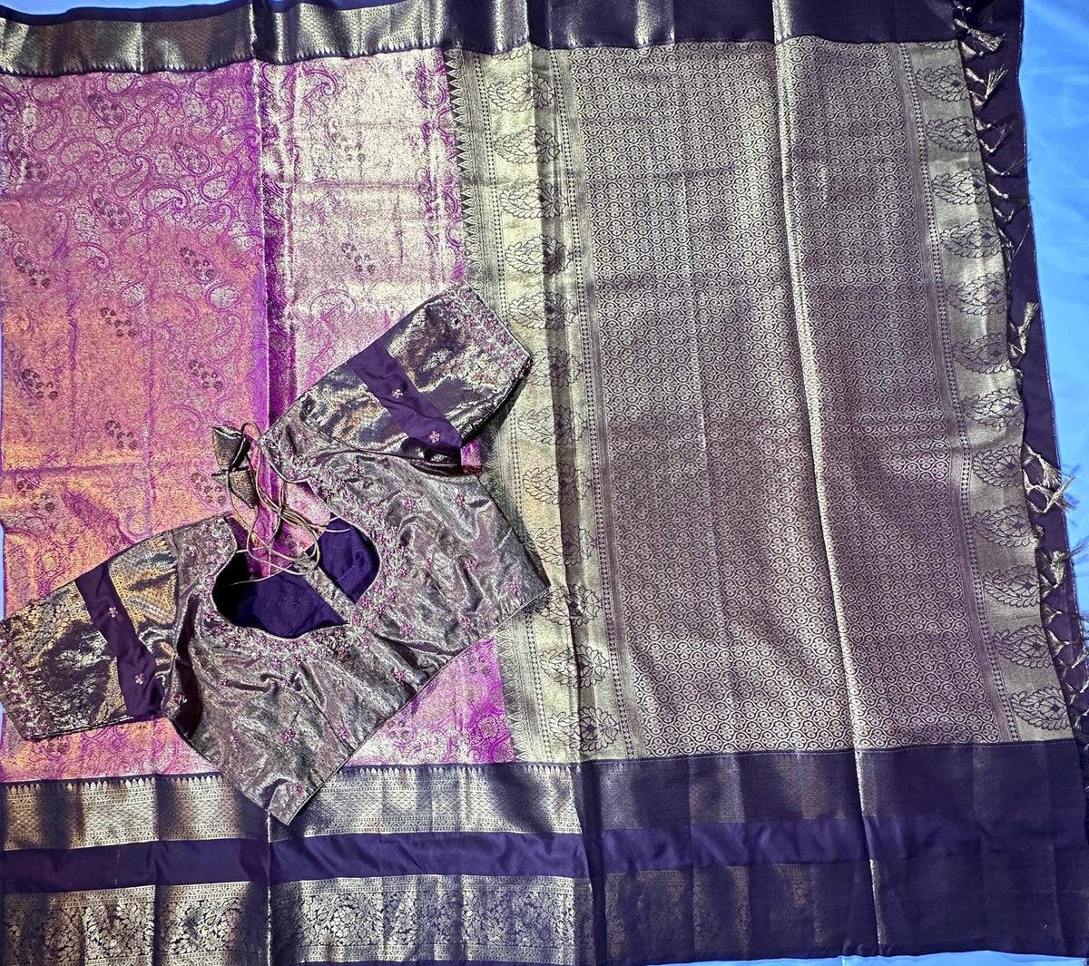 Premium Kanjivaram Gap Border Silk Saree with Stitched Maggam Work Blouse Partywear Grand Saree for Wedding receptions.