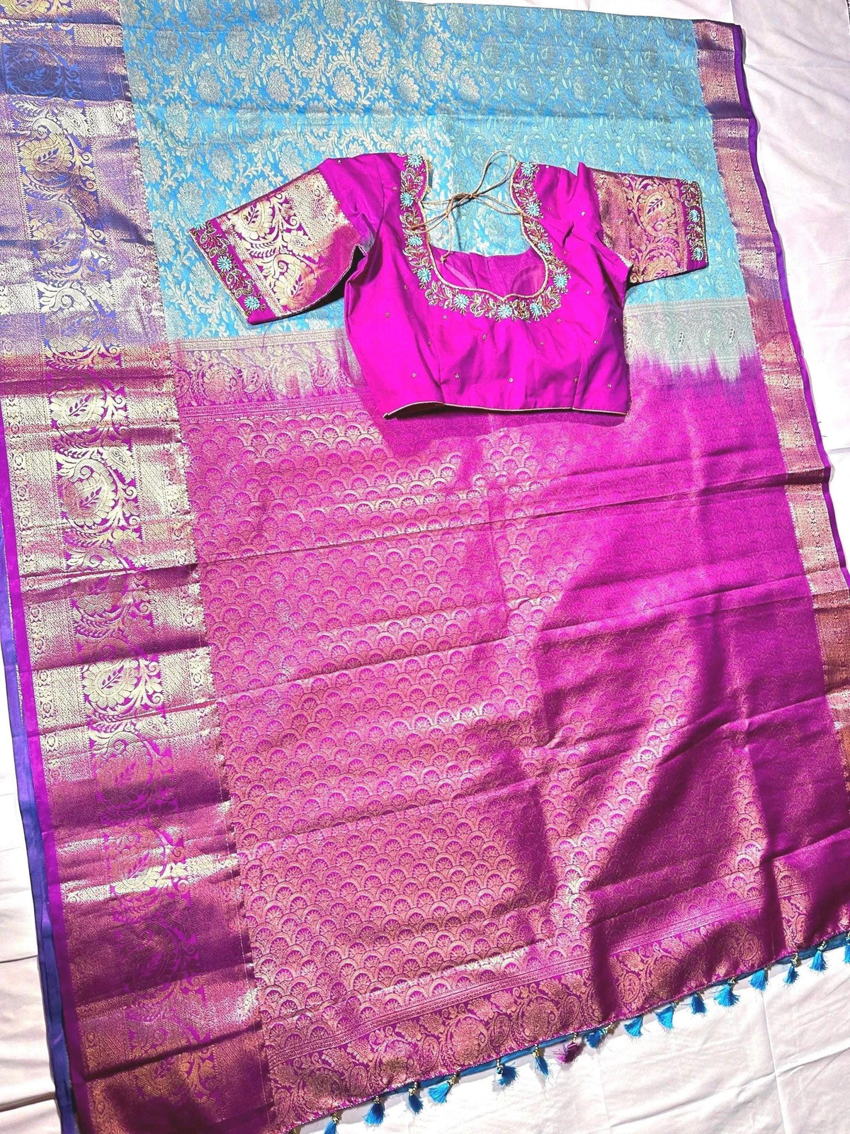 Premium Kanjivaram Silk Saree with Stitched Maggam Work Blouse, Wedding Party Wear