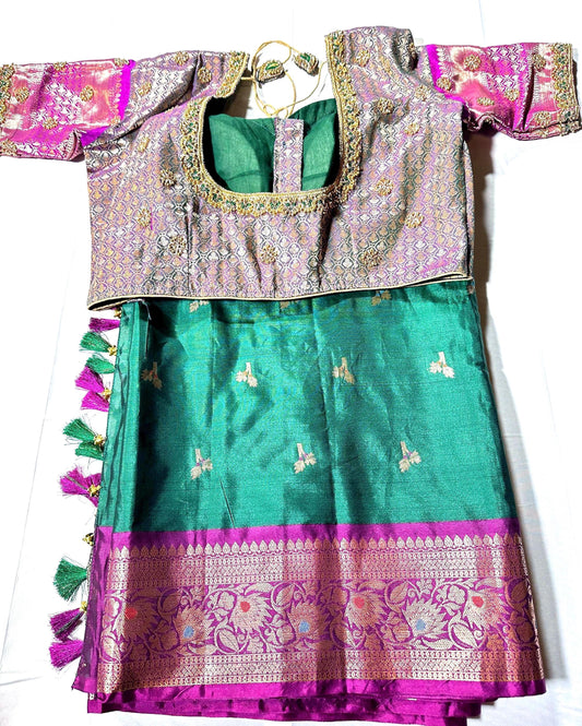 Ready to Wear Chiniya Pattu Gadwal Border Saree with Stitched Maggam Work Blouse, Elegant Partywear Wedding Saree
