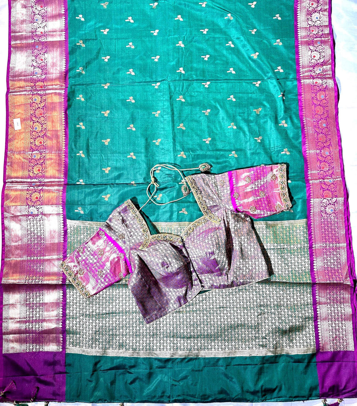 Ready to Wear Chiniya Pattu Gadwal Border Saree with Stitched Maggam Work Blouse, Elegant Partywear Wedding Saree