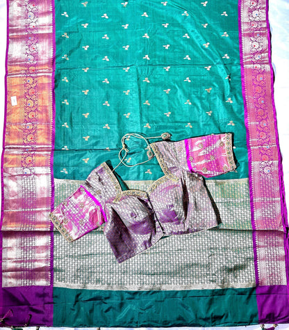 Ready to Wear Chiniya Pattu Gadwal Border Saree with Stitched Maggam Work Blouse, Elegant Partywear Wedding Saree