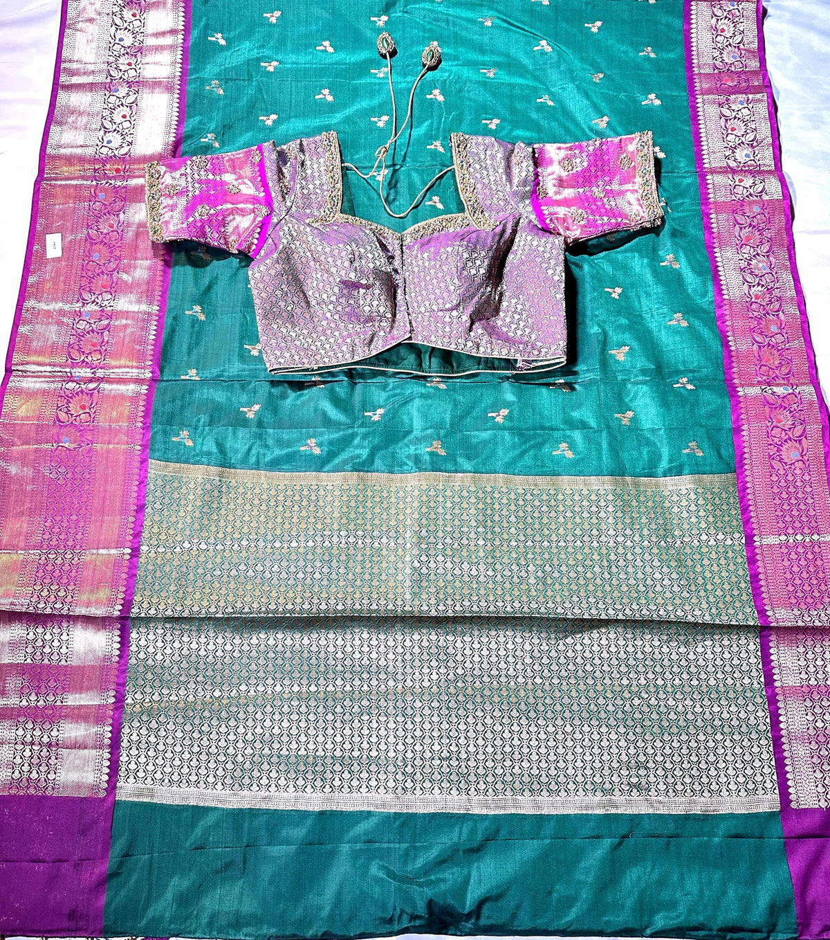 Ready to Wear Chiniya Pattu Gadwal Border Saree with Stitched Maggam Work Blouse, Elegant Partywear Wedding Saree