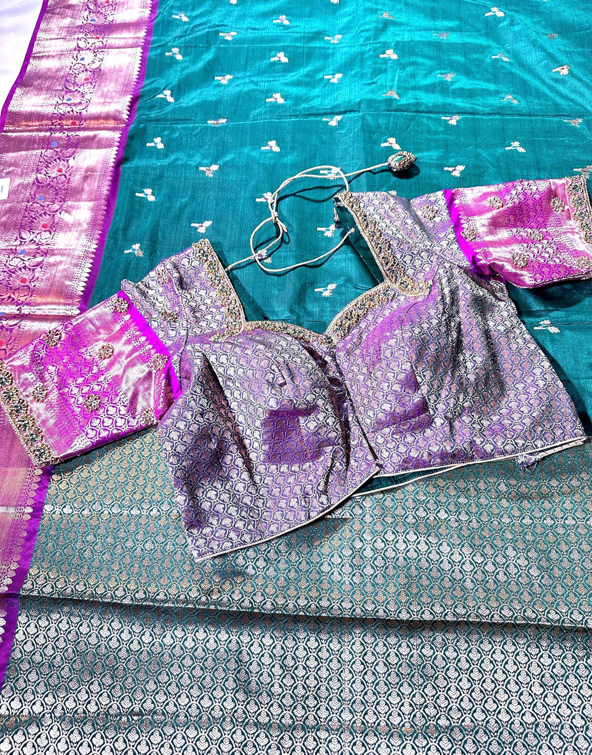 Ready to Wear Chiniya Pattu Gadwal Border Saree with Stitched Maggam Work Blouse, Elegant Partywear Wedding Saree