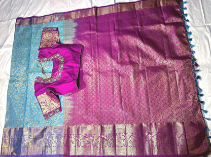 Premium Kanjivaram Silk Saree with Stitched Maggam Work Blouse, Wedding Party Wear