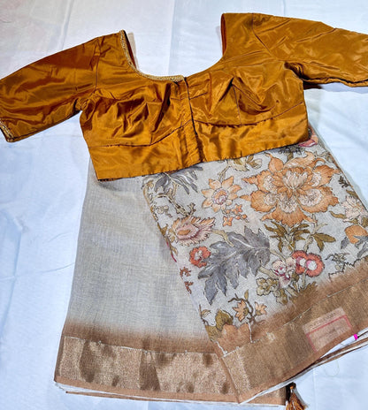 Handloom Pure Tissue Linen Silk Saree with Floral Design, Aari Work, Running Blouse & Stitched Blouse | Elegant Wedding Party Festive Saree