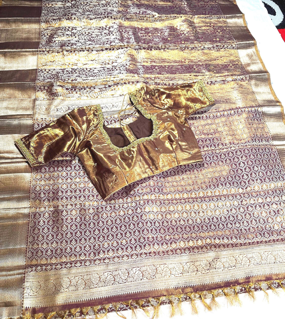 Kanjeevaram Tissue Premium  Kanchi Pattu Silk Saree with Stitched Maggam Work Blouse