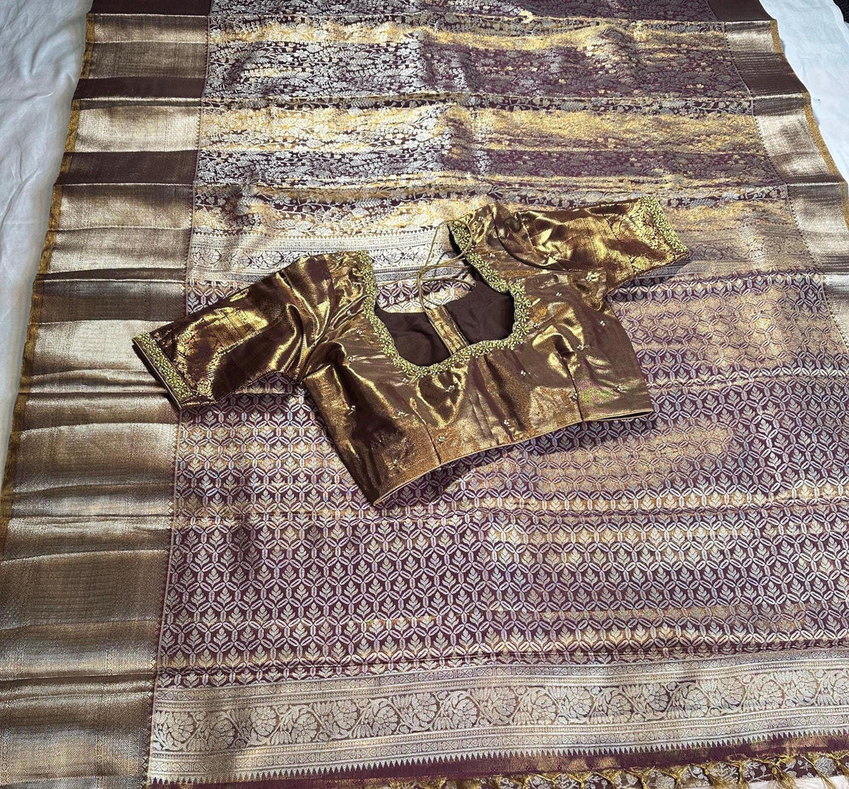 Kanjeevaram Tissue Premium  Kanchi Pattu Silk Saree with Stitched Maggam Work Blouse