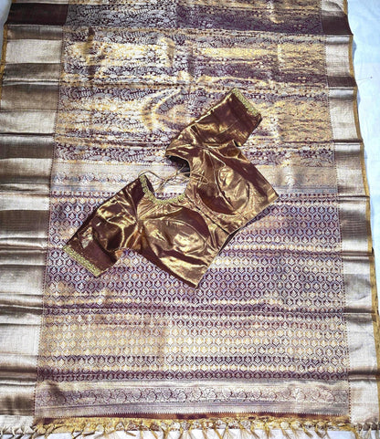 Kanjeevaram Tissue Premium  Kanchi Pattu Silk Saree with Stitched Maggam Work Blouse