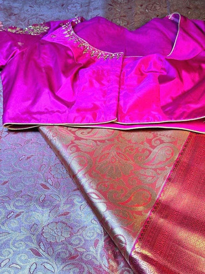 Kanjivaram Tissue Semi Silk Saree with Stitched Maggam Work Blouse |  Semi Kanchi pattu Indian Wedding Saree | Ships From USA