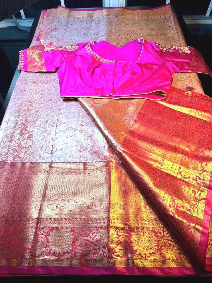 Kanjivaram Tissue Semi Silk Saree with Stitched Maggam Work Blouse |  Semi Kanchi pattu Indian Wedding Saree | Ships From USA