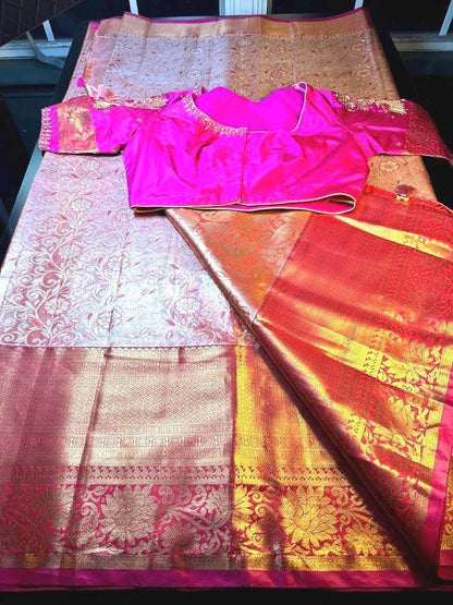 Kanjivaram Tissue Semi Silk Saree with Stitched Maggam Work Blouse |  Semi Kanchi pattu Indian Wedding Saree | Ships From USA