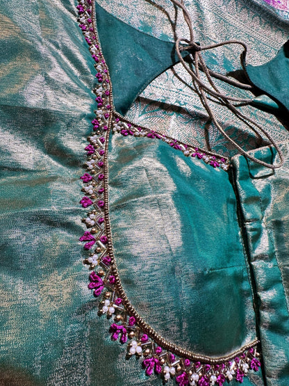 Premium Kanjivaram Brocade Semi Silk Saree with Stitched Maggam Work Blouse Partywear Grand Saree for Wedding receptions.