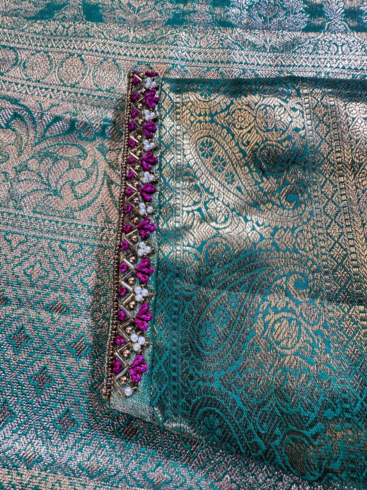 Premium Kanjivaram Brocade Semi Silk Saree with Stitched Maggam Work Blouse Partywear Grand Saree for Wedding receptions.