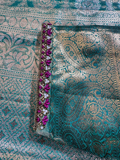 Premium Kanjivaram Brocade Semi Silk Saree with Stitched Maggam Work Blouse Partywear Grand Saree for Wedding receptions.