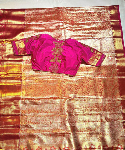Kanjivaram Tissue Semi Silk Saree with Stitched Maggam Work Blouse |  Semi Kanchi pattu Indian Wedding Saree | Ships From USA