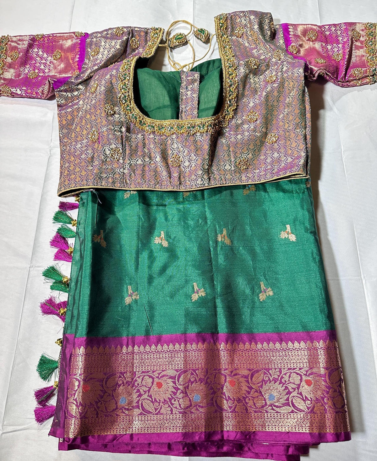 Ready to Wear Chiniya Pattu Gadwal Border Saree with Stitched Maggam Work Blouse, Elegant Partywear Wedding Saree