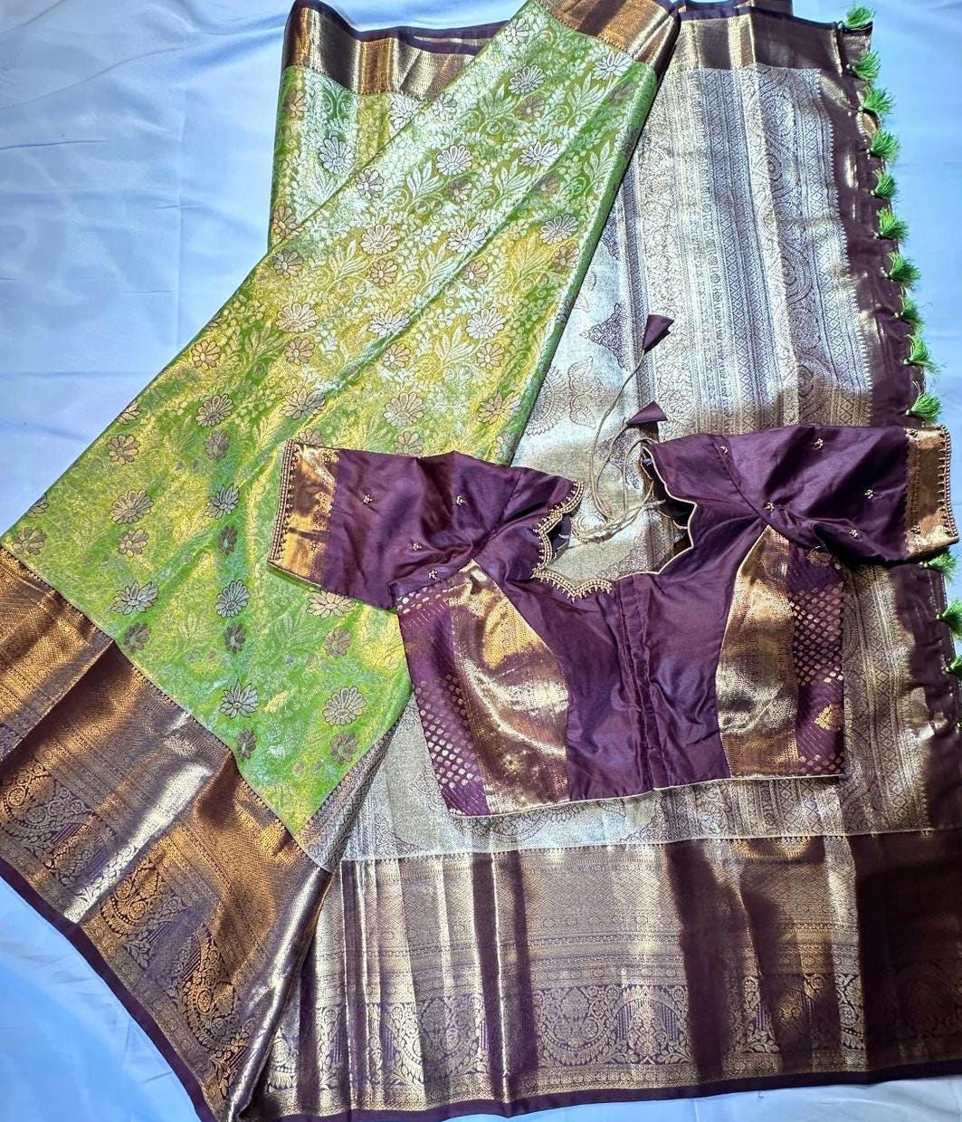 Kanjivaram Meenakari  Premium Silk Saree with Stitched Maggam Work Blouse Partywear Grand Saree for Wedding receptions.
