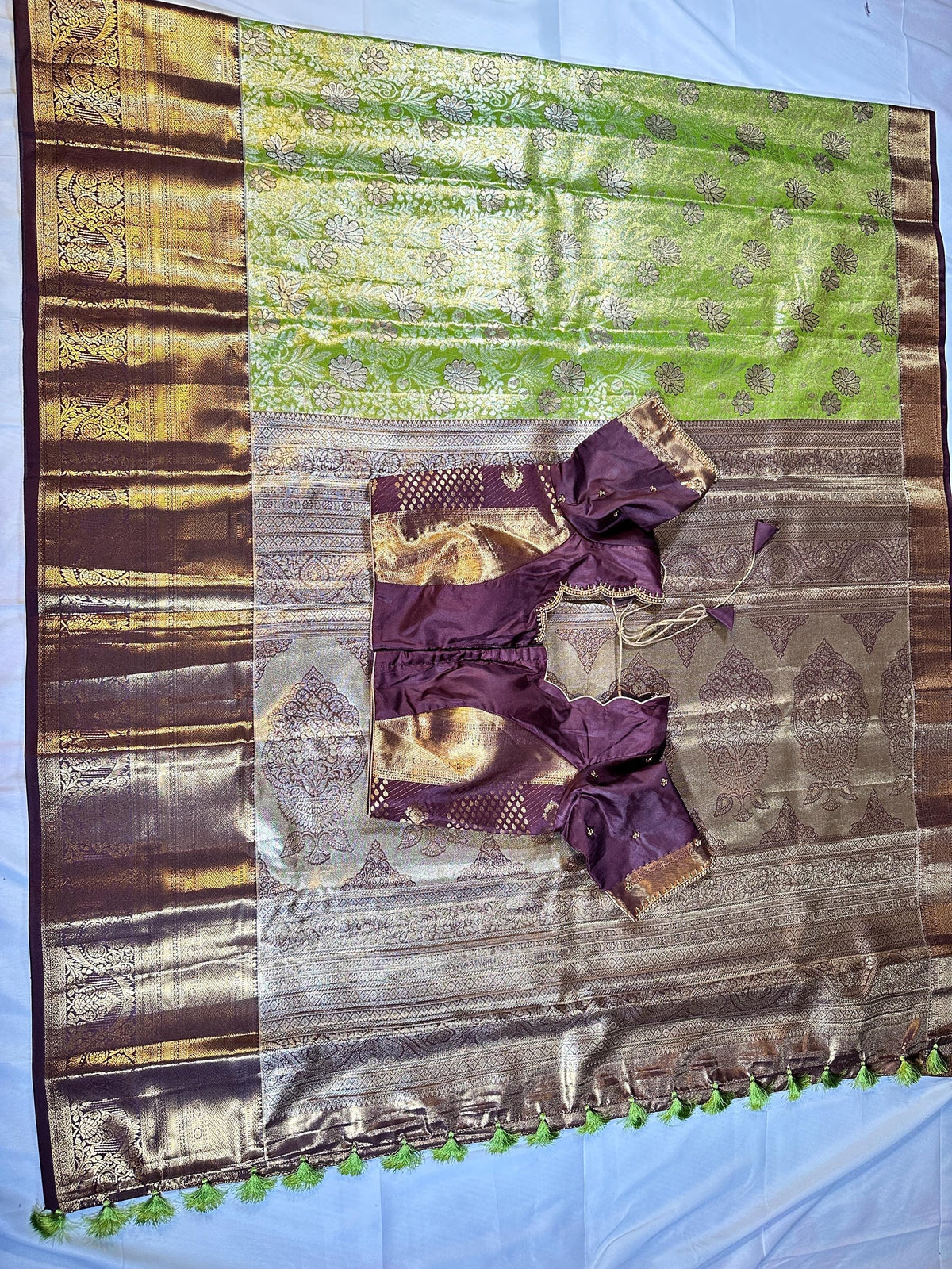 Kanjivaram Meenakari  Premium Silk Saree with Stitched Maggam Work Blouse Partywear Grand Saree for Wedding receptions.