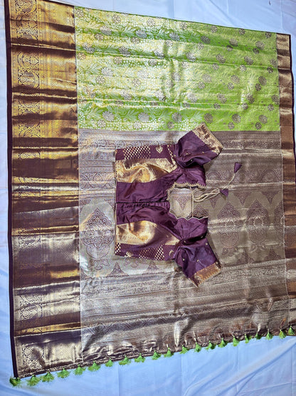 Kanjivaram Meenakari  Premium Silk Saree with Stitched Maggam Work Blouse Partywear Grand Saree for Wedding receptions.