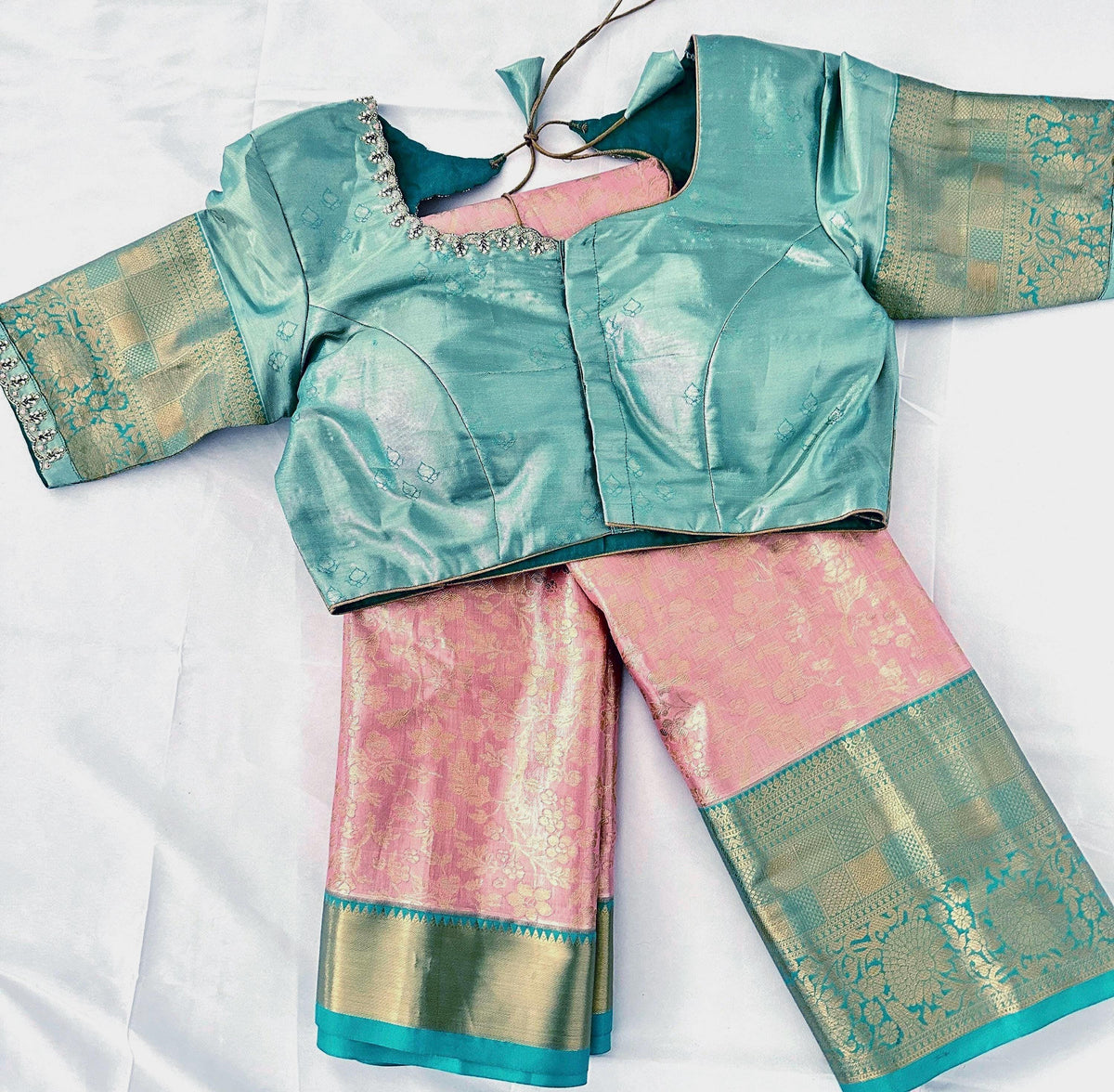Kanjivaram Semi Silk Saree with Stitched Maggam Work Blouse | Indian Wedding Saree | Ships From USA