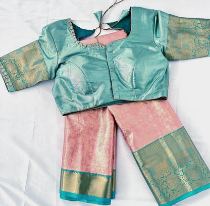 Kanjivaram Semi Silk Saree with Stitched Maggam Work Blouse | Indian Wedding Saree | Ships From USA