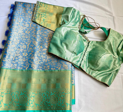 Kanjivaram Semi Silk Saree with Stitched Maggam Work Blouse Indian Wedding Saree | Ships From USA