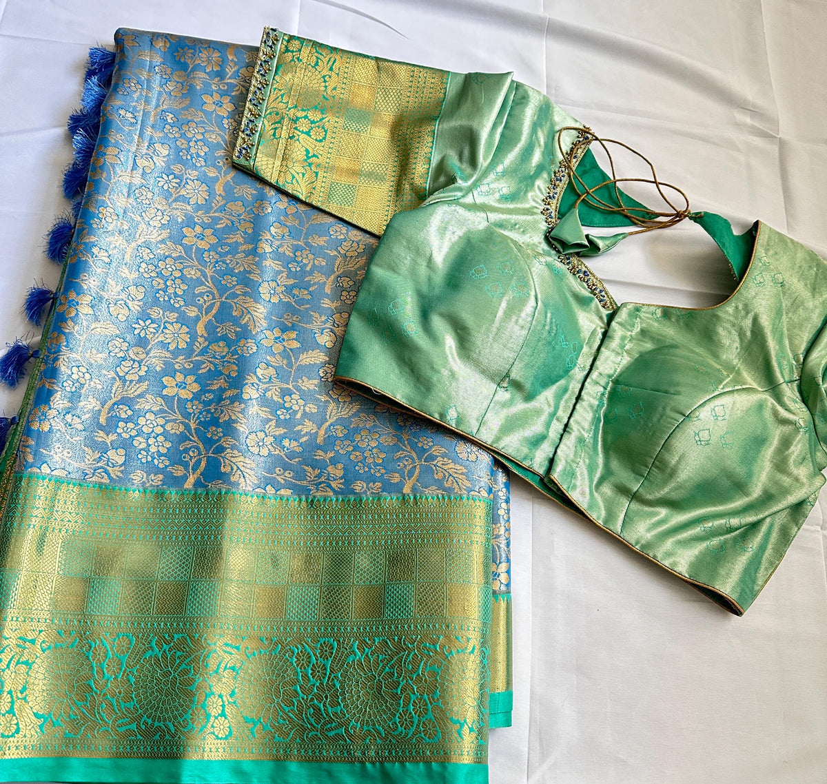 Kanjivaram Semi Silk Saree with Stitched Maggam Work Blouse Indian Wedding Saree | Ships From USA