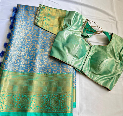 Kanjivaram Semi Silk Saree with Stitched Maggam Work Blouse Indian Wedding Saree | Ships From USA