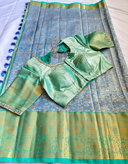 Kanjivaram Semi Silk Saree with Stitched Maggam Work Blouse Indian Wedding Saree | Ships From USA