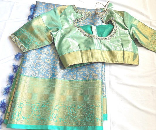 Kanjivaram Semi Silk Saree with Stitched Maggam Work Blouse Indian Wedding Saree | Ships From USA