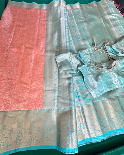 Kanjivaram Semi Silk Saree with Stitched Maggam Work Blouse | Indian Wedding Saree | Ships From USA