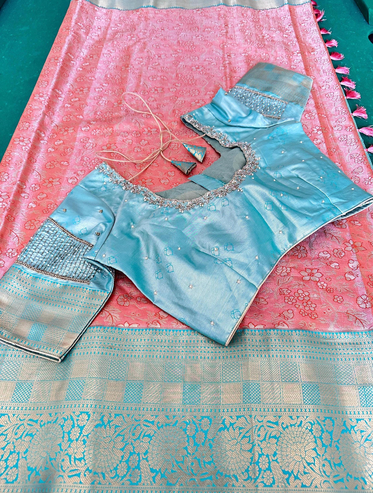 Kanjivaram Semi Silk Saree with Stitched Maggam Work Blouse | Indian Wedding Saree | Ships From USA