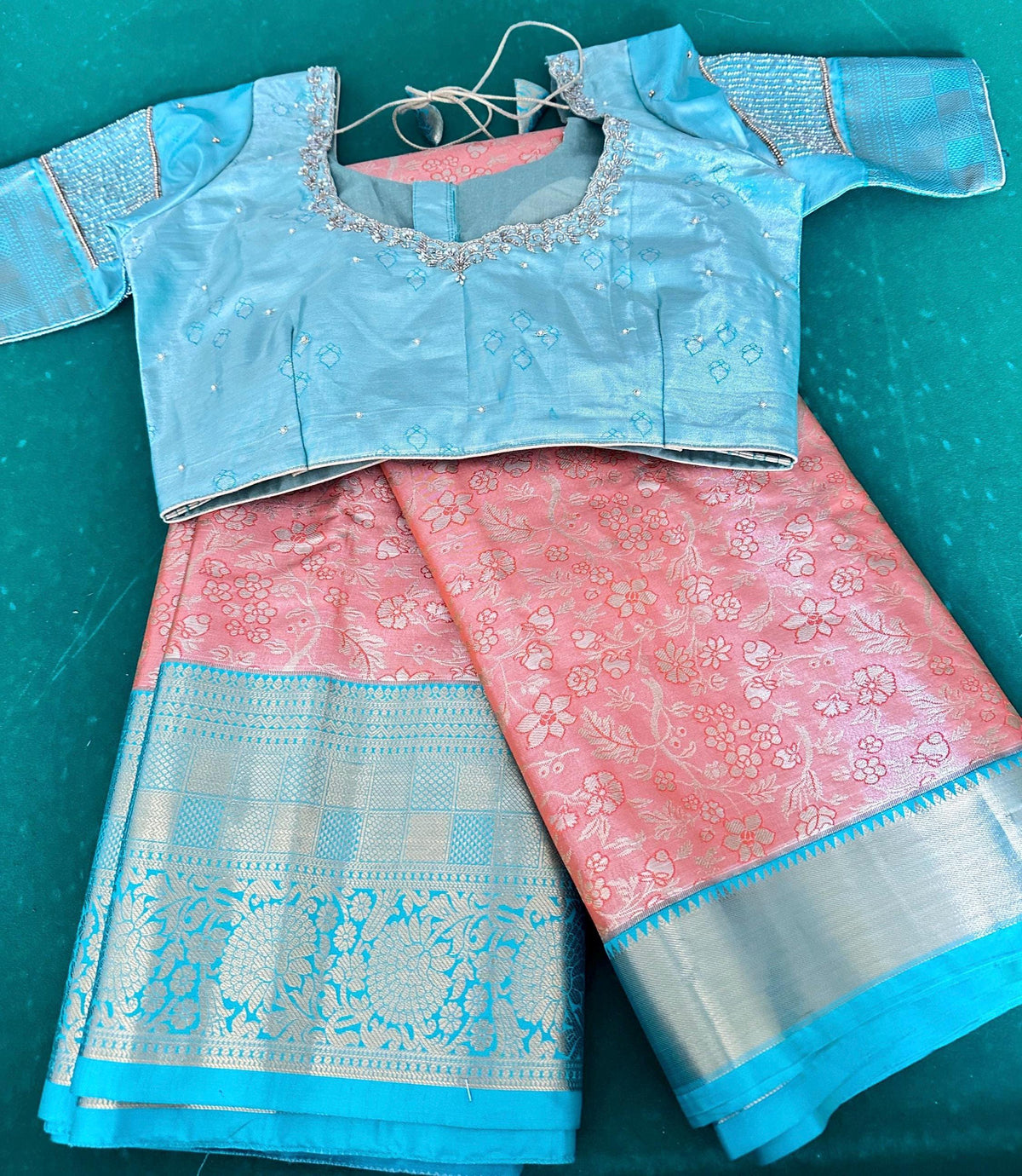 Kanjivaram Semi Silk Saree with Stitched Maggam Work Blouse | Indian Wedding Saree | Ships From USA