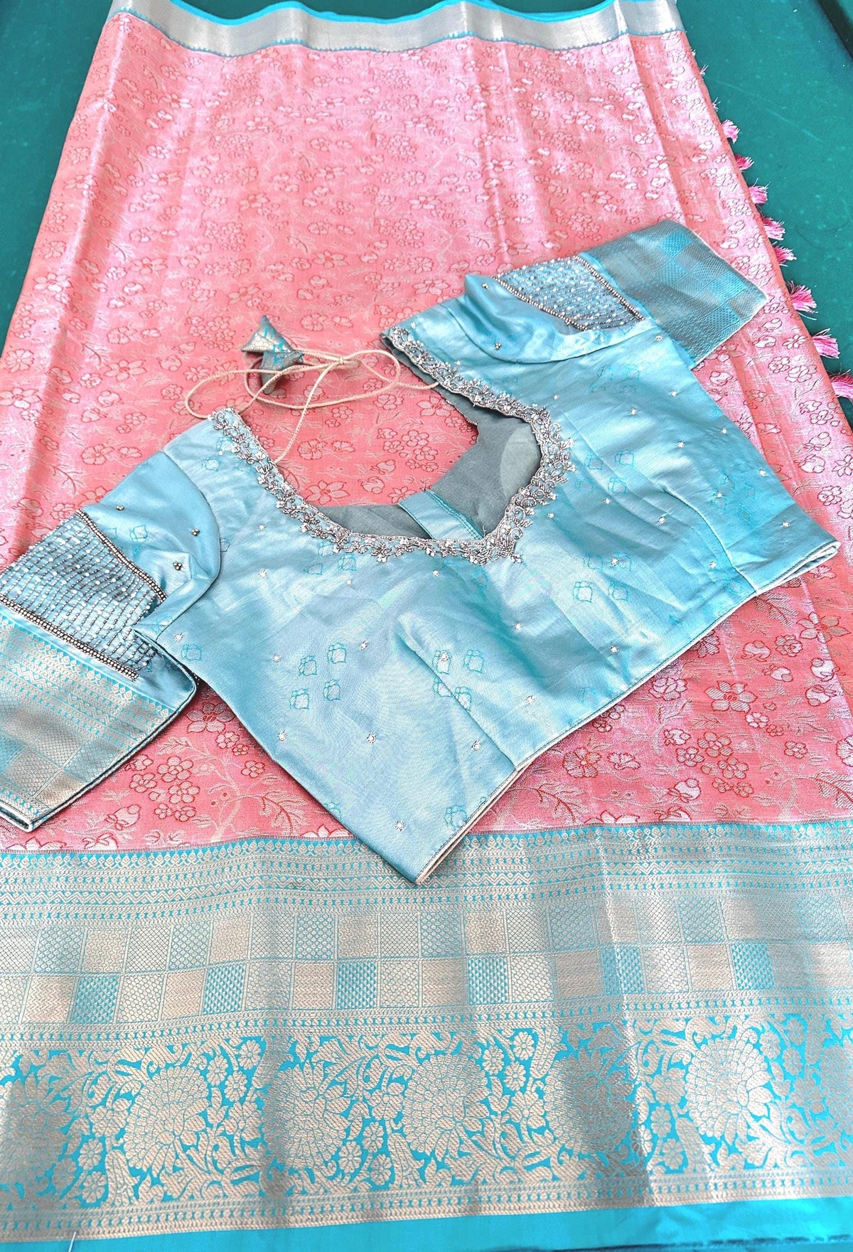 Kanjivaram Semi Silk Saree with Stitched Maggam Work Blouse | Indian Wedding Saree | Ships From USA