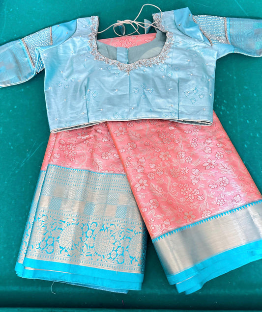Kanjivaram Semi Silk Saree with Stitched Maggam Work Blouse | Indian Wedding Saree | Ships From USA