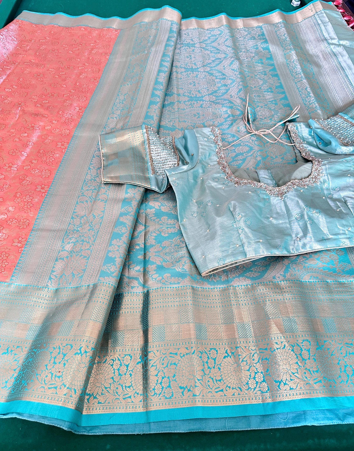 Kanjivaram Semi Silk Saree with Stitched Maggam Work Blouse | Indian Wedding Saree | Ships From USA