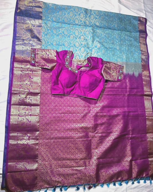 Premium Kanjivaram Silk Saree with Stitched Maggam Work Blouse, Wedding Party Wear